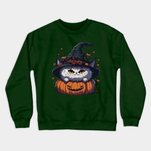 cute cat on a pumpkin with a witch hat Crewneck Sweatshirt